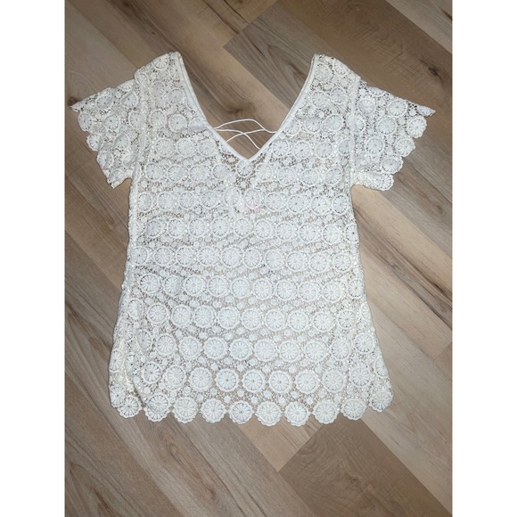 Victoria's Secret Other - Victoria's Secret Ivory Crochet Lace Swim Cover Up Dress Lace Up Back Small